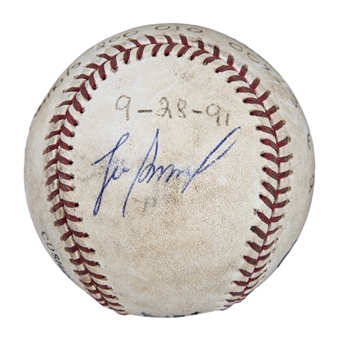 1991 Lee Smith Game Used/Signed Career Save #310 Baseball Used on 9/28/91 (Smith LOA)
